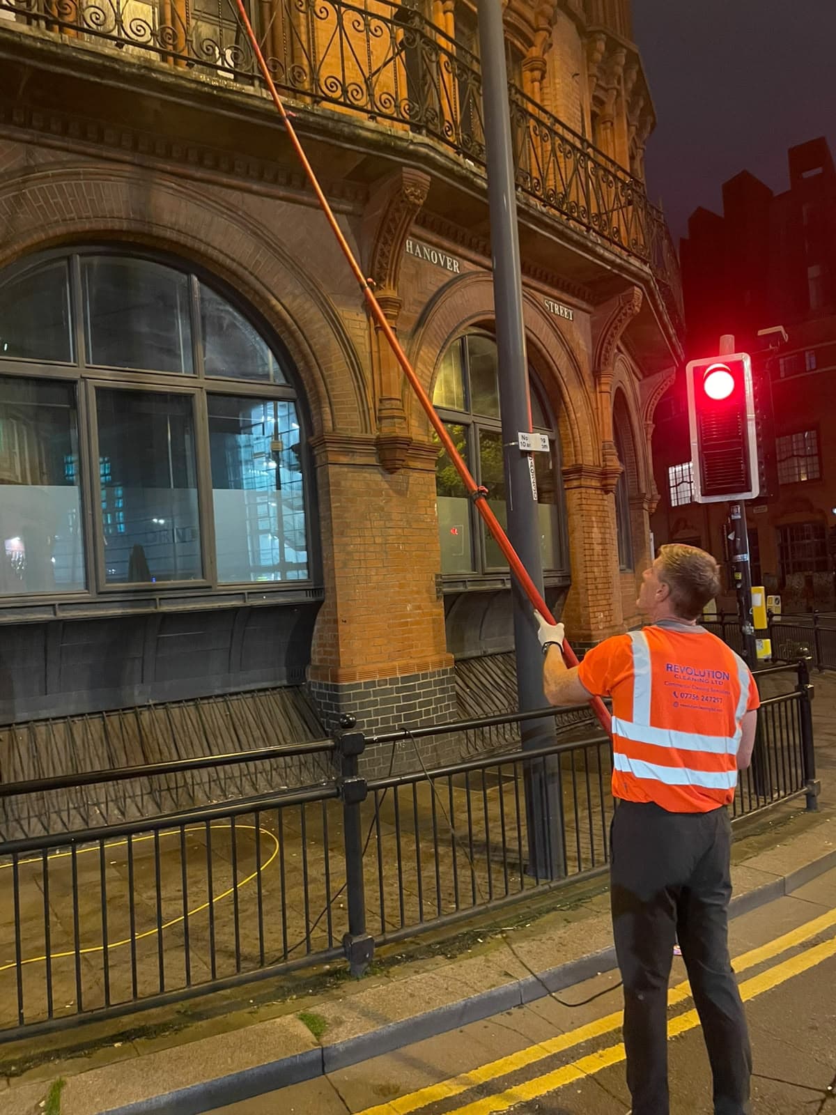 Window cleaning at a Hanover Street building at night, Liverpool city centre