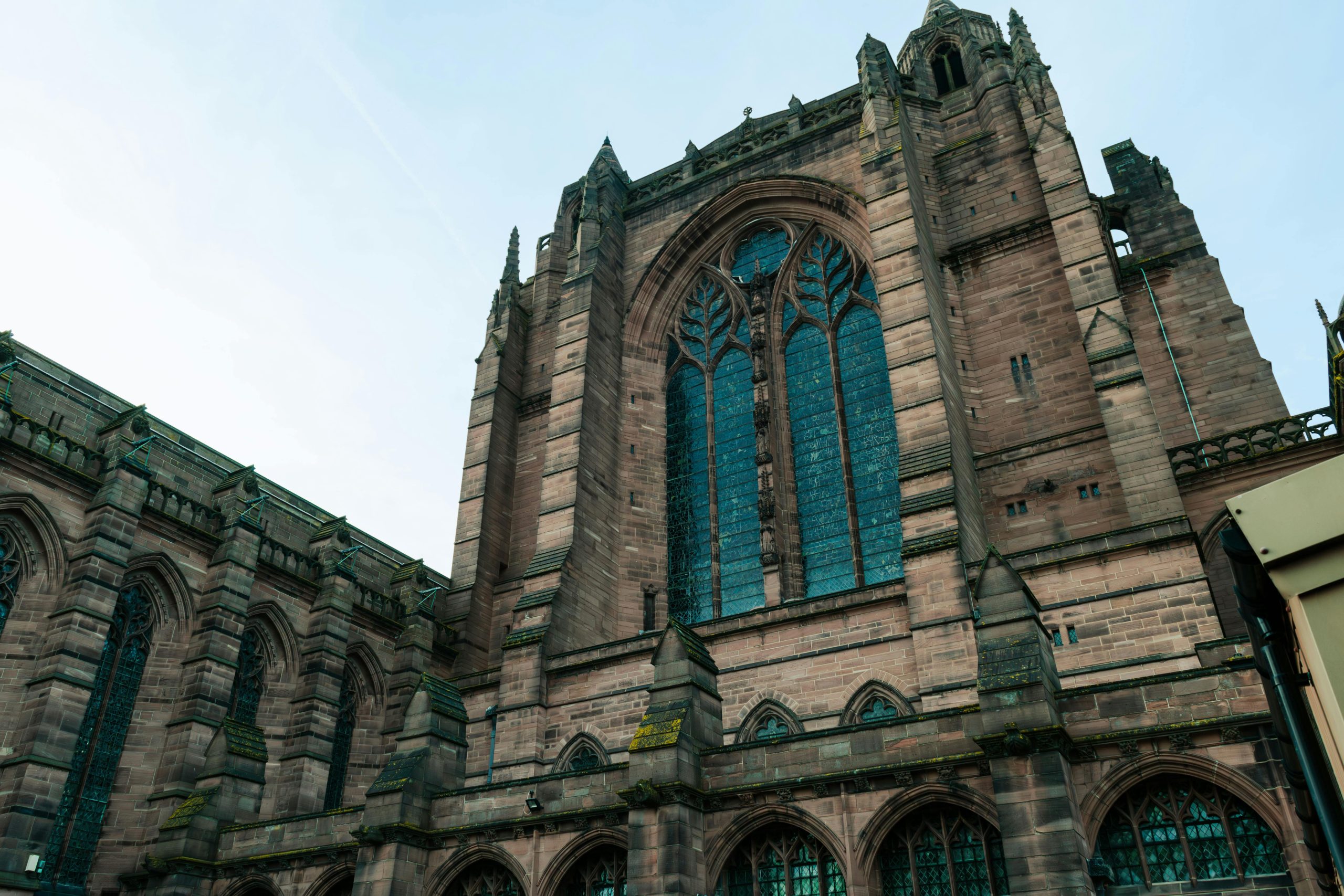 Close-up of the impressive facade of Liverpool Cathedral, highlighting its gothic architecture.